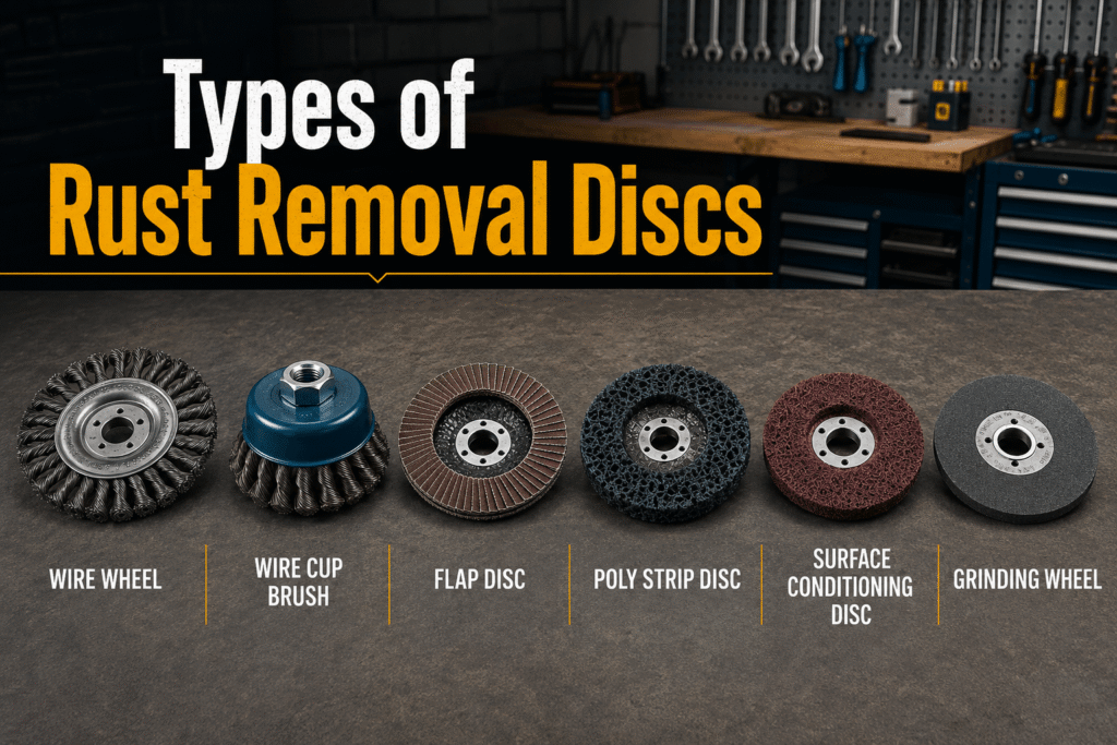 Types of angle grinder accessories used for rust removal and surface preparation