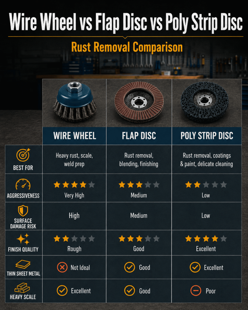 Wire Wheel vs Flap Disc vs Poly Strip Disc